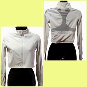 - - FRONT ZIPPER  WHITE CROP TOP WITH MESH INSETS